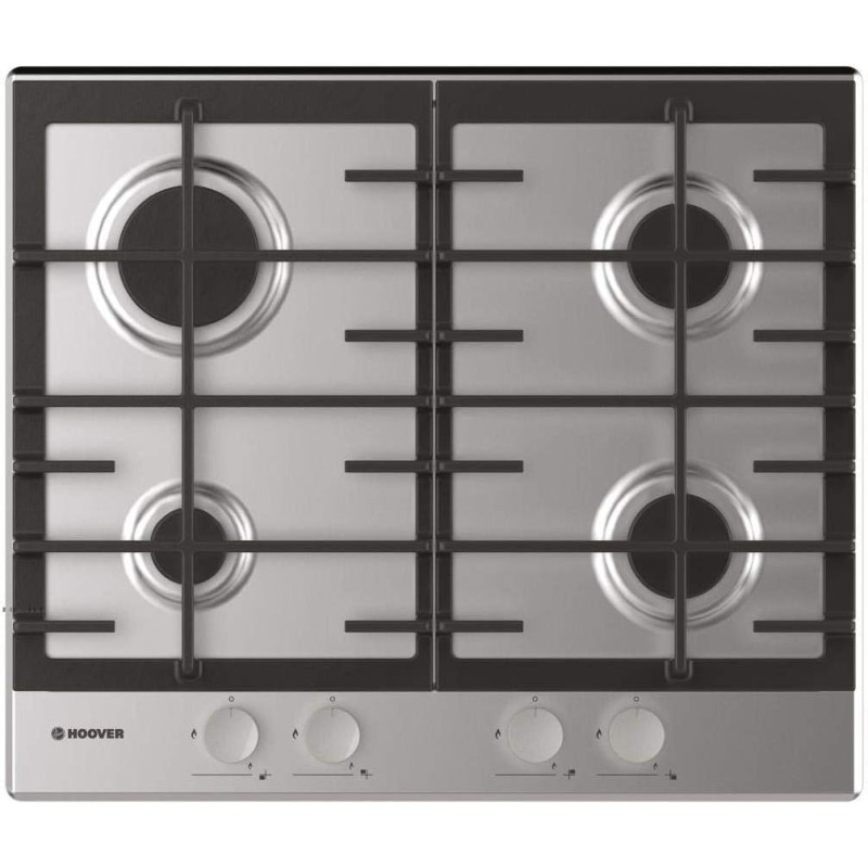 Piano Cottura - Hoover HHG6BRMX - Piano cottura a gas a quattro fuochi, 60 cm, con supporti in ghisa, in acciaio INOX